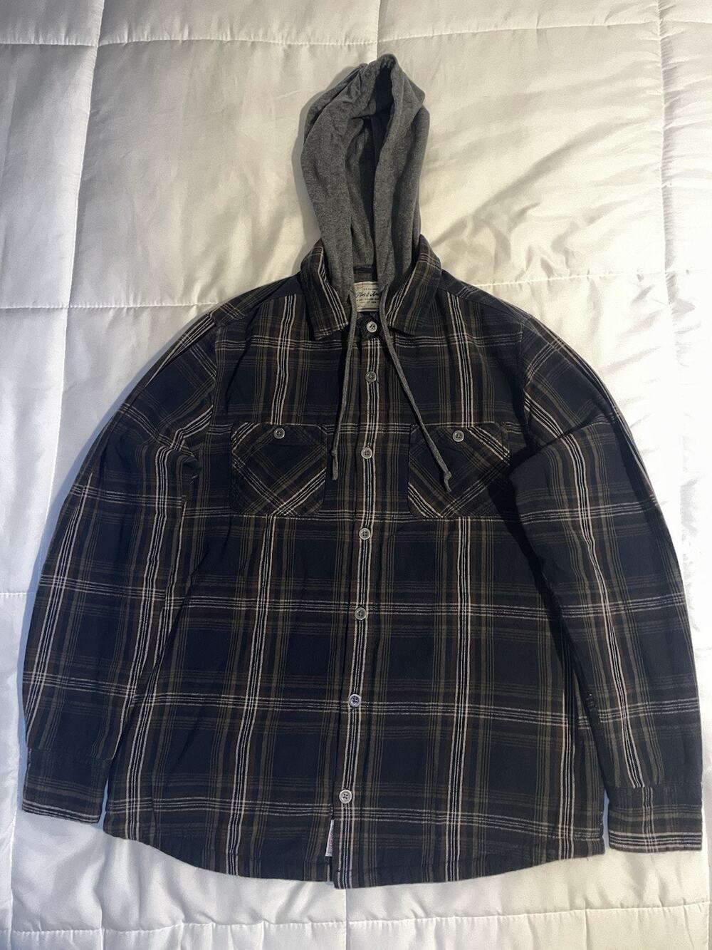 Flag & Anthem Button Up Flannel Hoodie Jacket Plaid Mens M